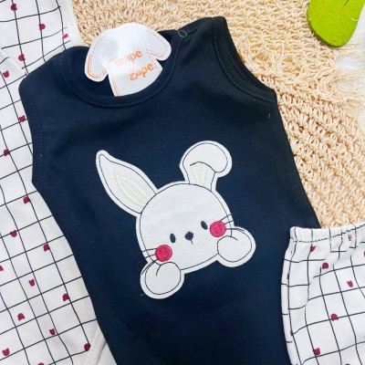 CONJ. DE MALHA 3 PEÇAS - Coelhinha com Quadriculado - Preto e Off White